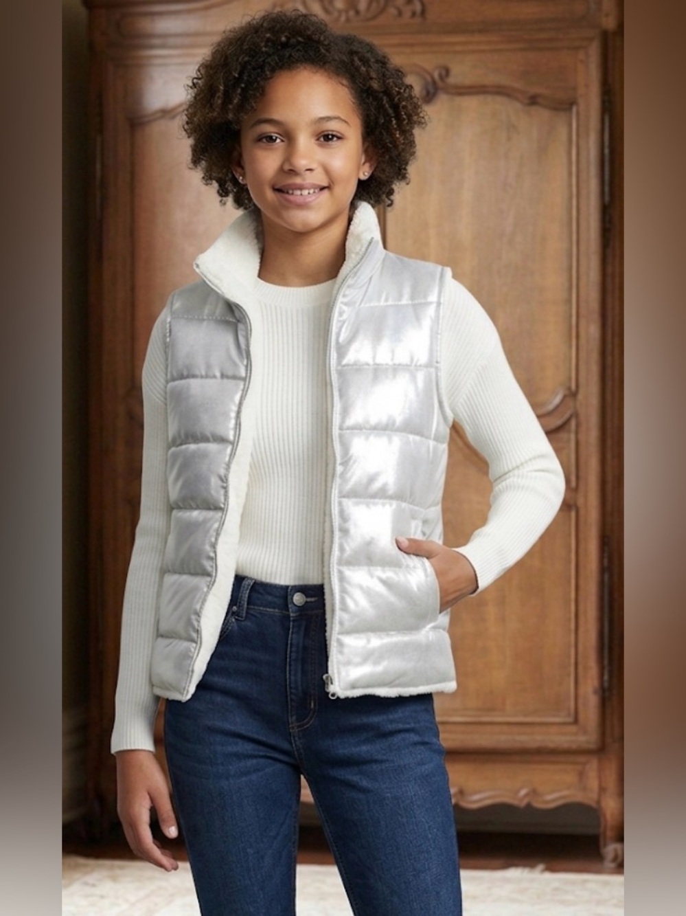 Derek Heart Size 10/12 Kid Reversible Silver to White Faux Fur Vest